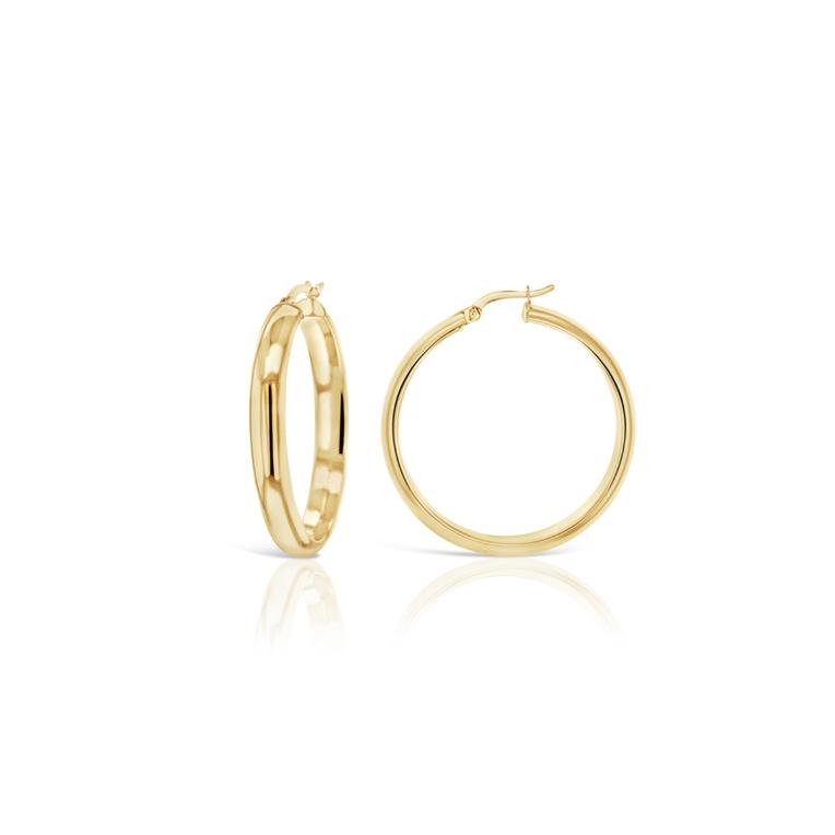 9ct yellow gold 30mm hoop earrings with polished cushion-profile tubing.