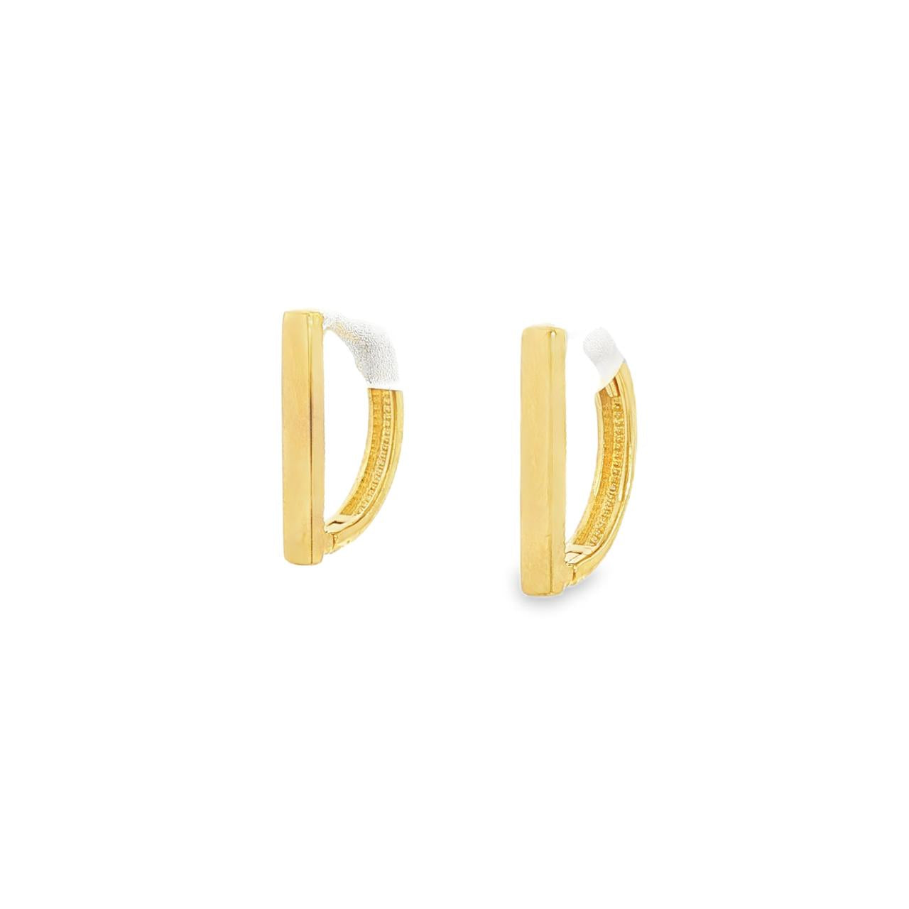 9ct yellow gold D-shaped huggie earrings with flat bar front.
