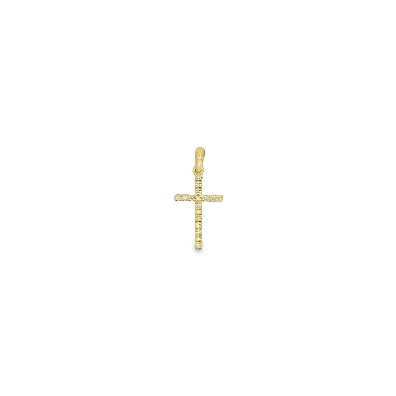 18ct yellow gold diamond cross pendant with claw-set round brilliant cut diamonds.