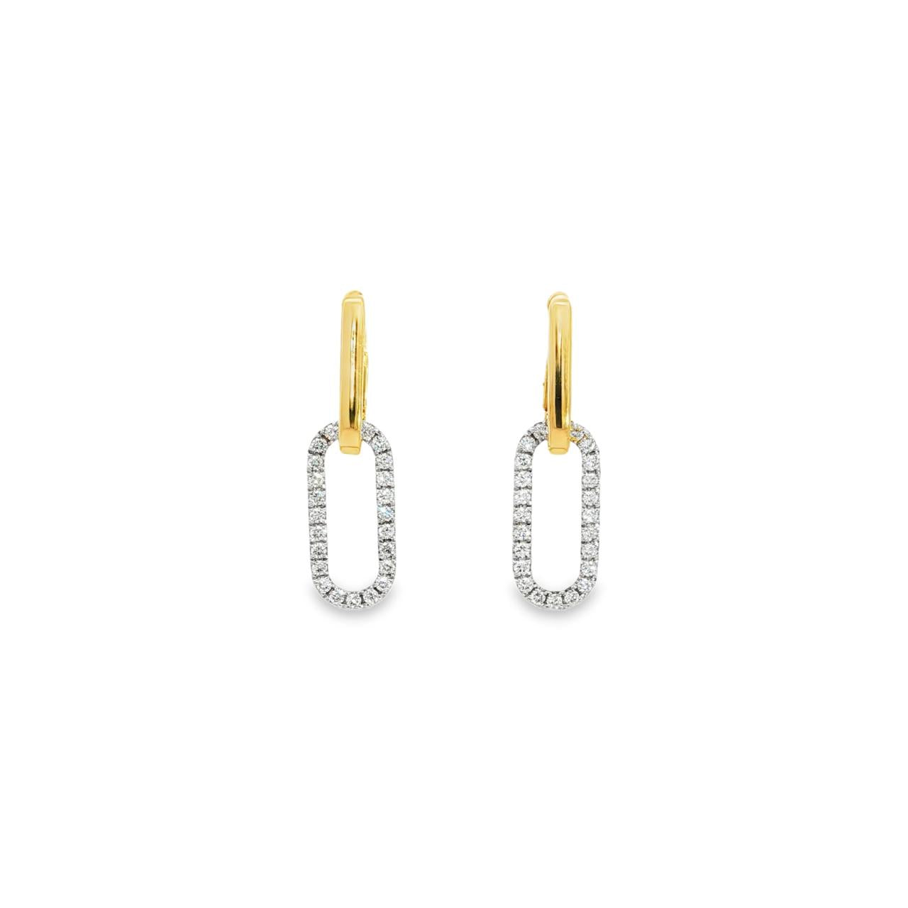 18ct yellow gold oval huggie earrings with elongated diamond-set oval drops.