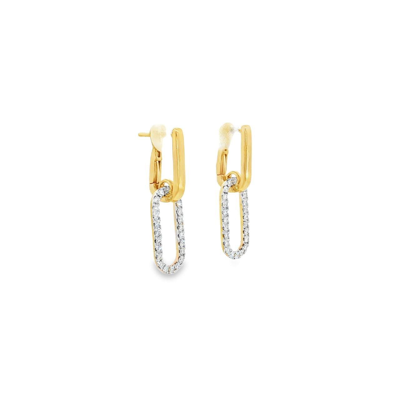 18ct yellow gold oval huggie earrings with elongated diamond-set oval drops.