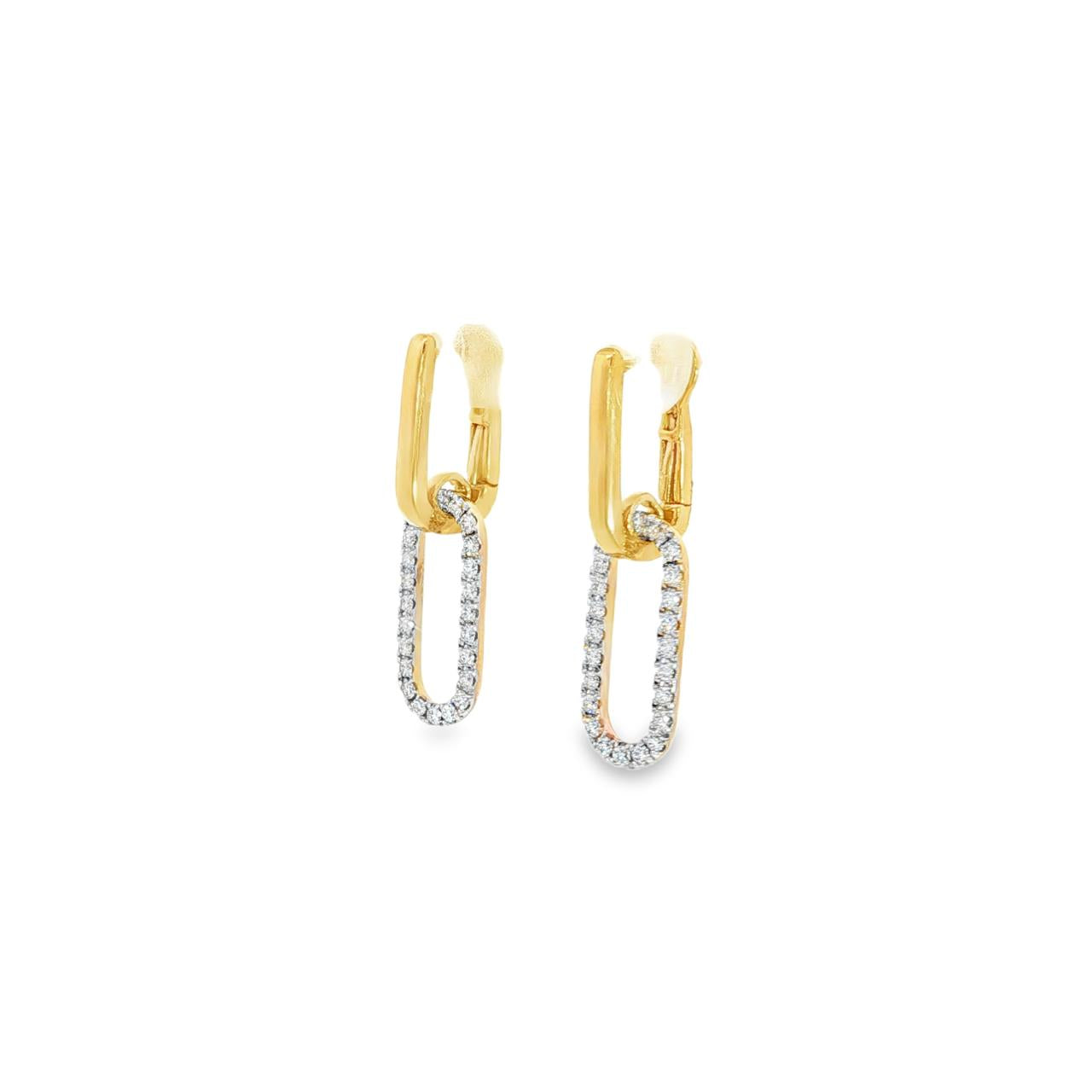 18ct yellow gold oval huggie earrings with elongated diamond-set oval drops.