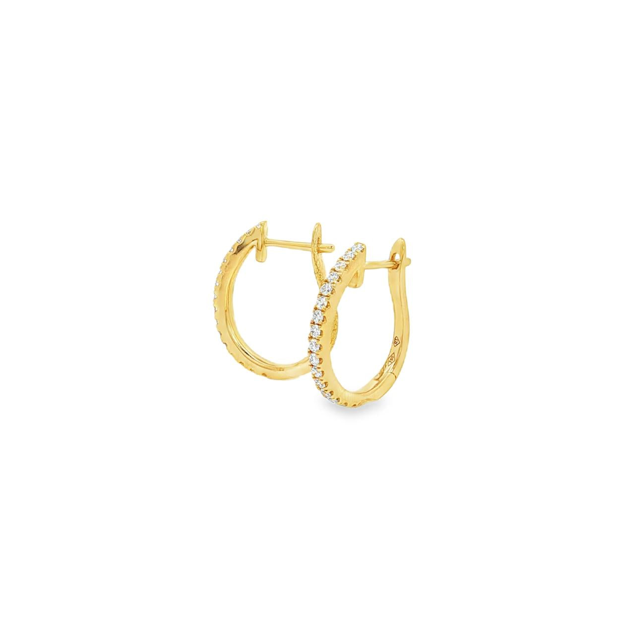 18ct yellow gold oval huggie earrings with claw-set diamonds down the front.