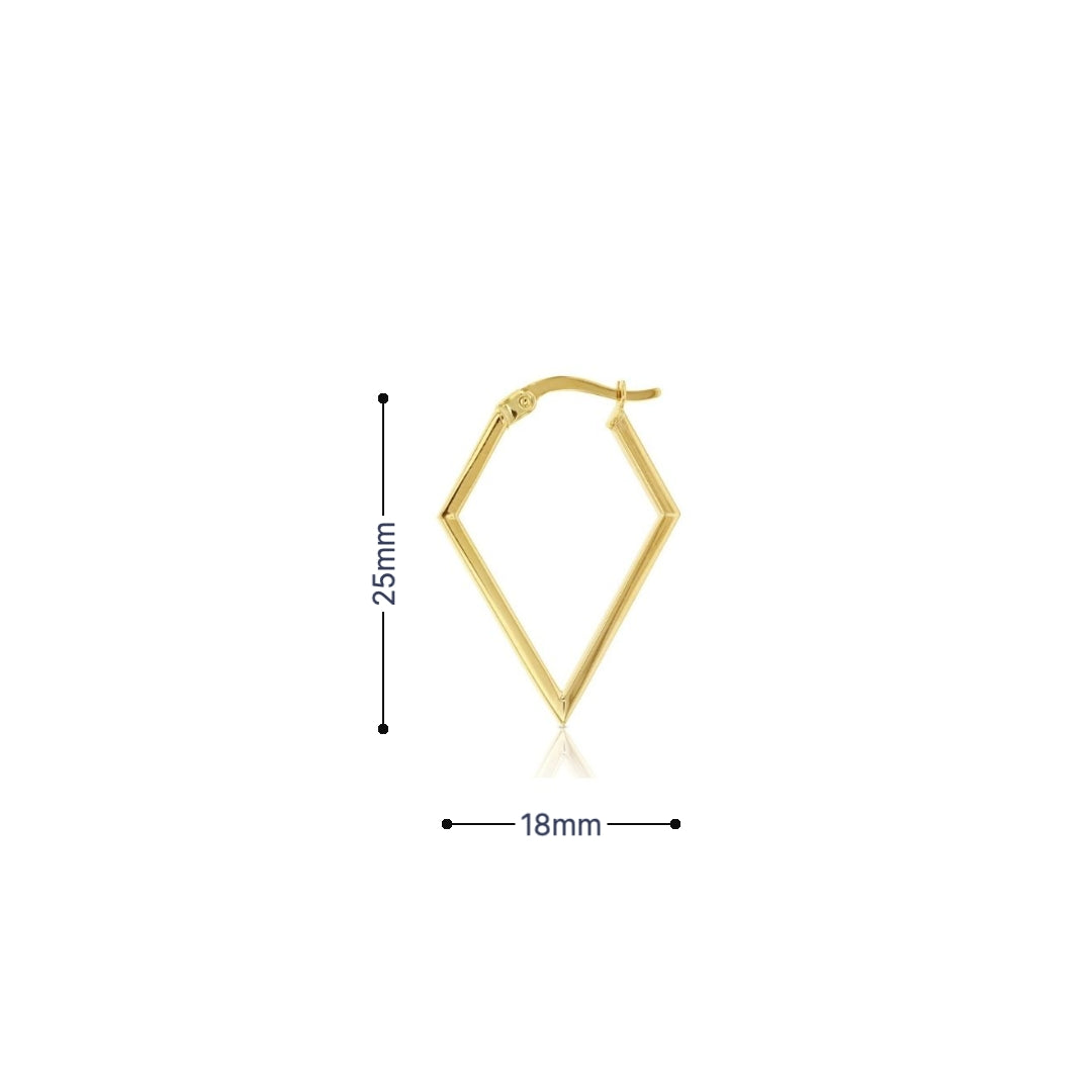 9ct yellow gold diamond-shaped open hoop earrings with post and clip fittings.