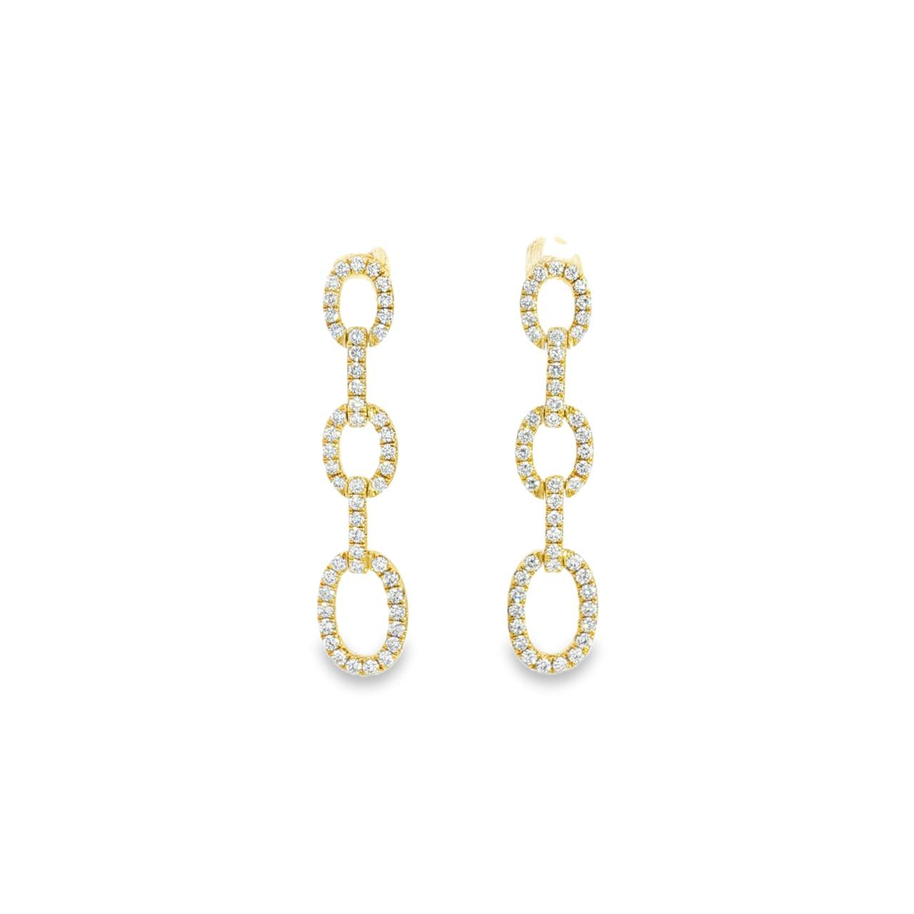 18ct yellow gold triple oval diamond drop earrings with claw-set links.