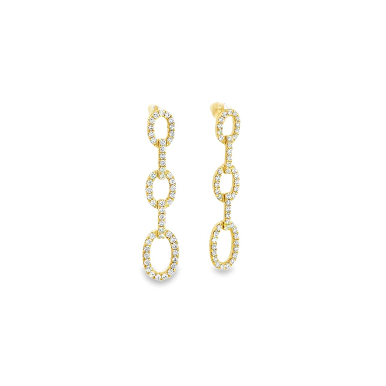 18ct yellow gold triple oval diamond drop earrings with claw-set links.