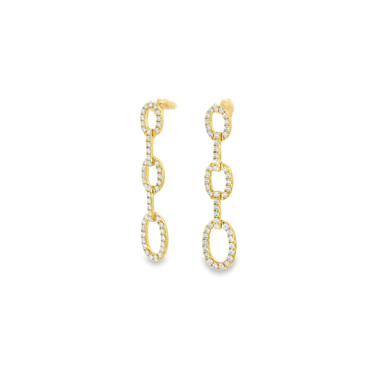 18ct yellow gold triple oval diamond drop earrings with claw-set links.