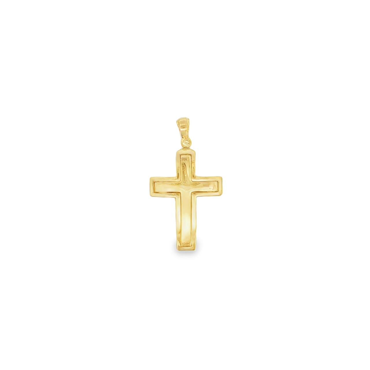 18ct yellow gold domed cross pendant with raised double cross detail.