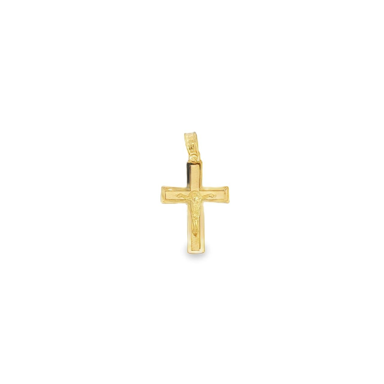 18ct yellow gold flat crucifix cross pendant with matte centre and polished edges.
