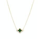 9ct yellow gold trace chain necklace with small green clover pendant.