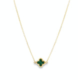 9ct yellow gold trace chain necklace with small green clover pendant.