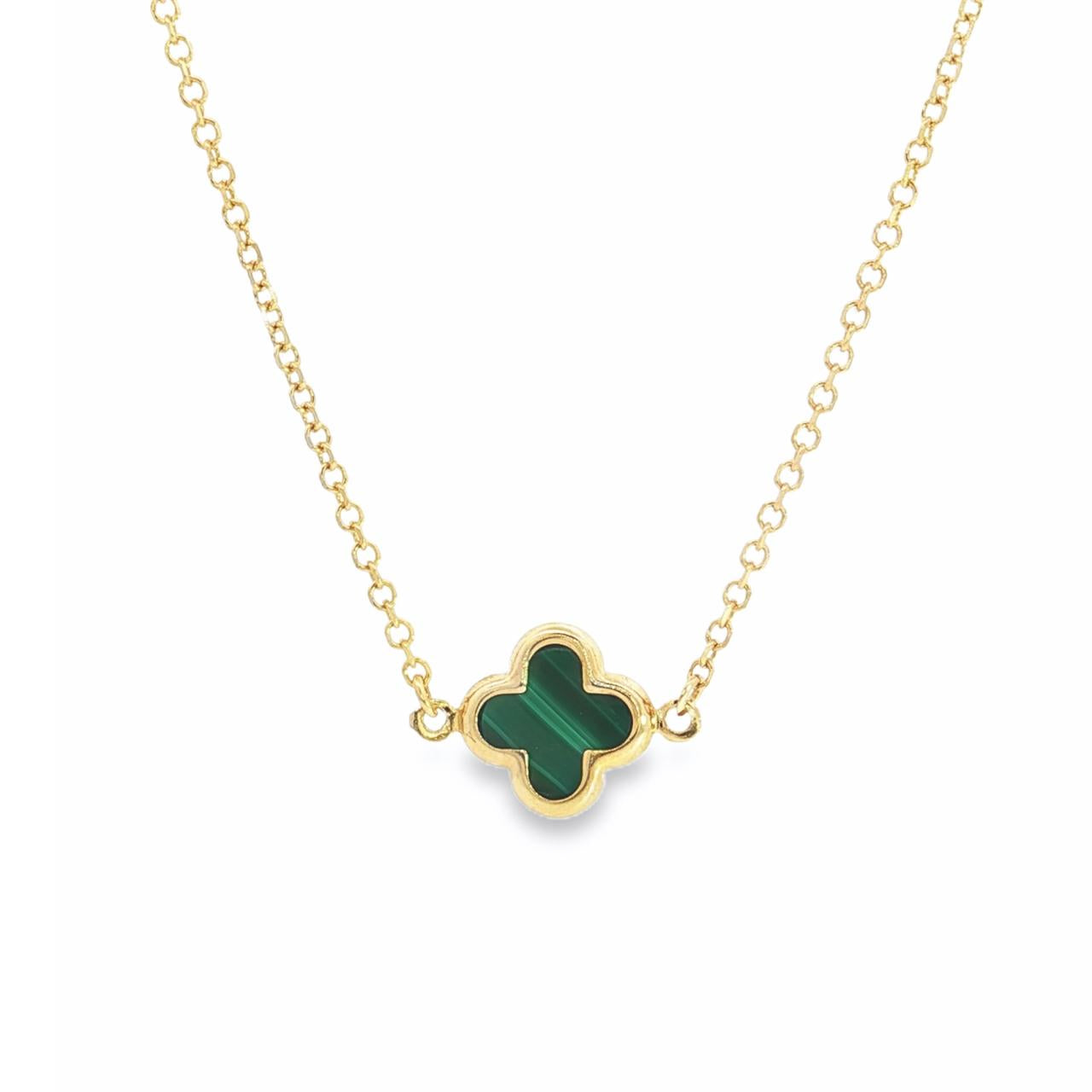 9ct yellow gold trace chain necklace with small green clover pendant.