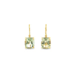 9ct yellow gold cushion-cut green quartz drop earrings with four-claw settings.