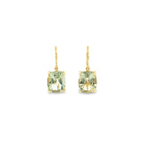 9ct yellow gold cushion-cut green quartz drop earrings with four-claw settings.