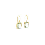 9ct yellow gold cushion-cut green quartz drop earrings with four-claw settings.