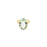 9ct yellow gold ring with large oval green quartz prasiolite in four-claw setting.