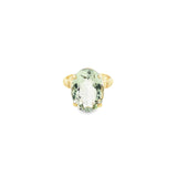 9ct yellow gold ring with large oval green quartz prasiolite in four-claw setting.
