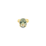 9ct yellow gold ring with large oval green quartz prasiolite in four-claw setting.