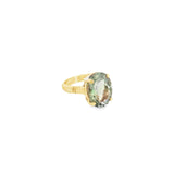9ct yellow gold ring with large oval green quartz prasiolite in four-claw setting.