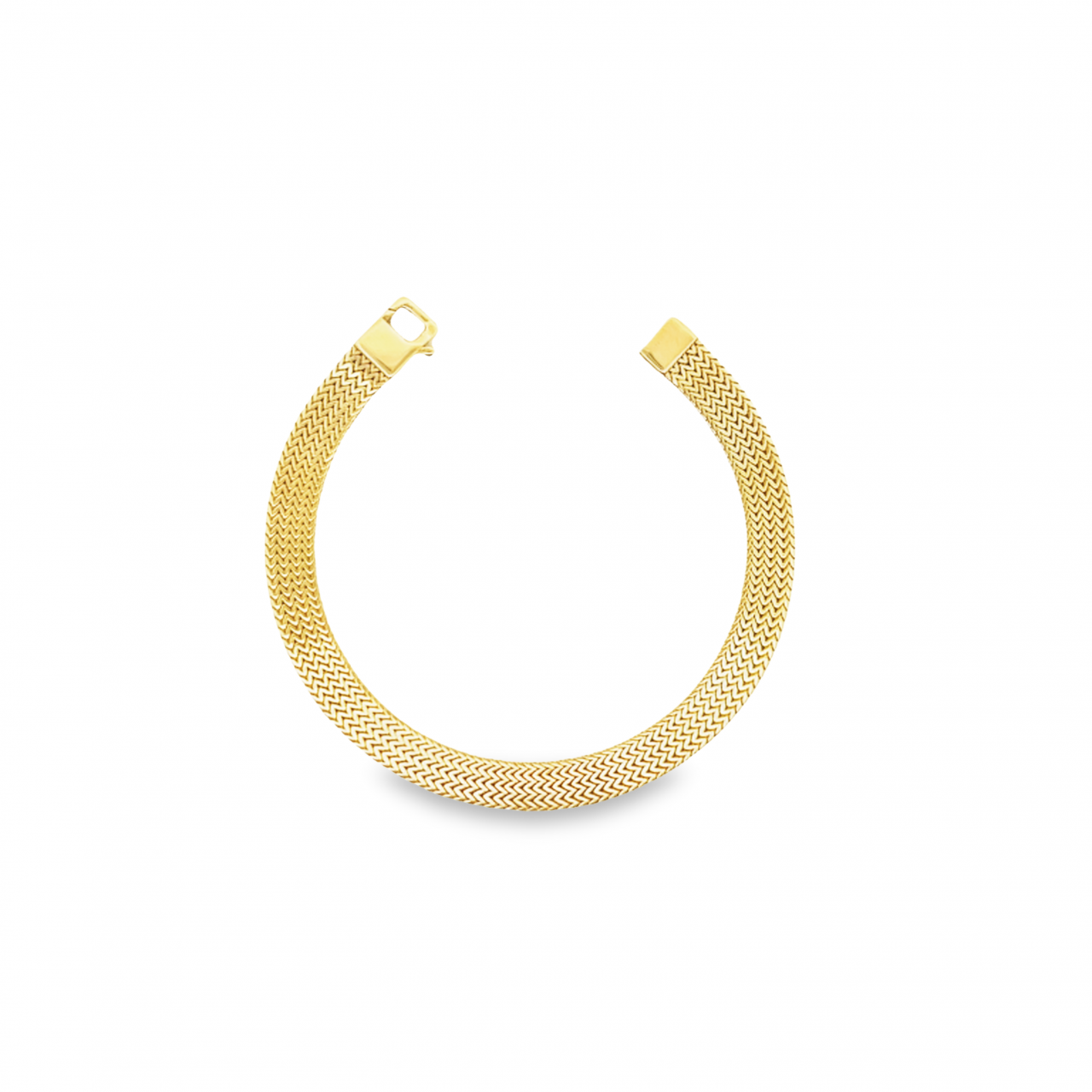 Yellow gold 7.5mm flat herringbone link bracelet with a fancy parrot clasp.