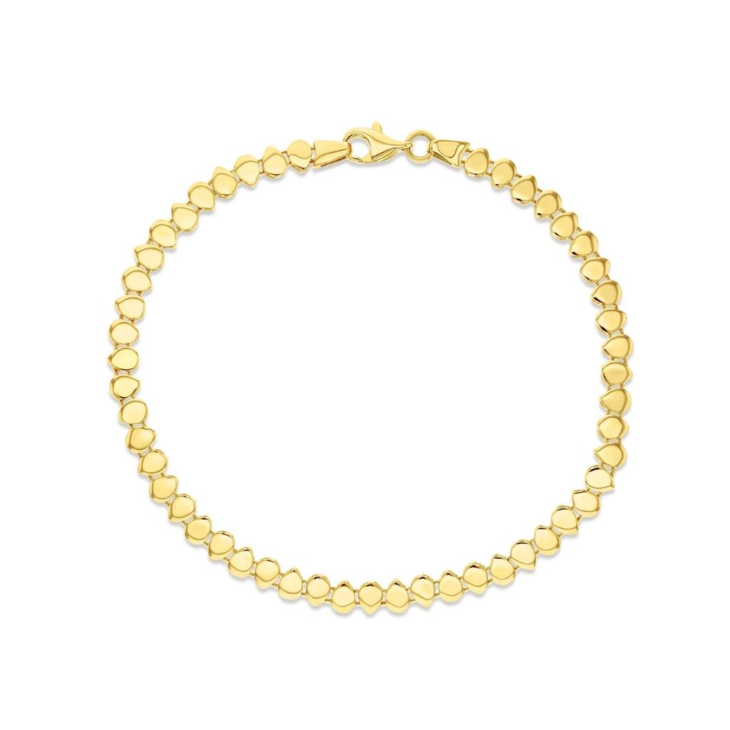 9ct yellow gold flexi bracelet with interwoven wave design and alternating teardrop elements.