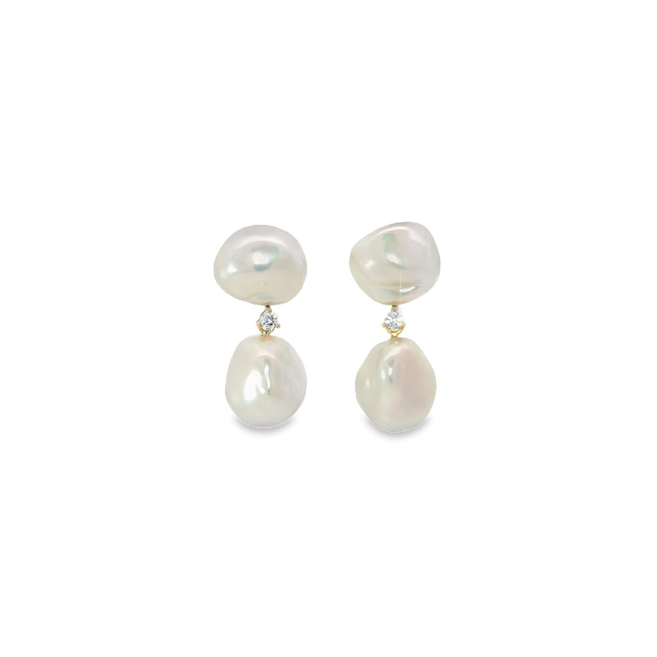 18ct yellow gold double drop keshi pearl earrings with central claw-set diamond.