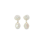 18ct yellow gold double drop keshi pearl earrings with central claw-set diamond.