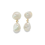 18ct yellow gold double drop keshi pearl earrings with central claw-set diamond.
