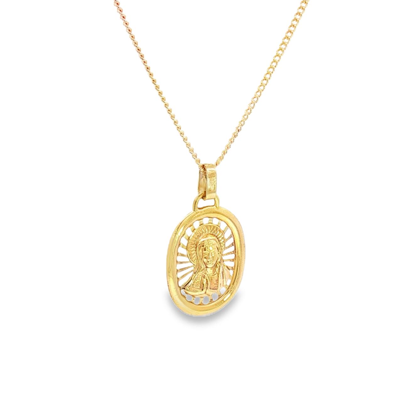 9ct yellow gold oval Madonna pendant with shining light border detailing.