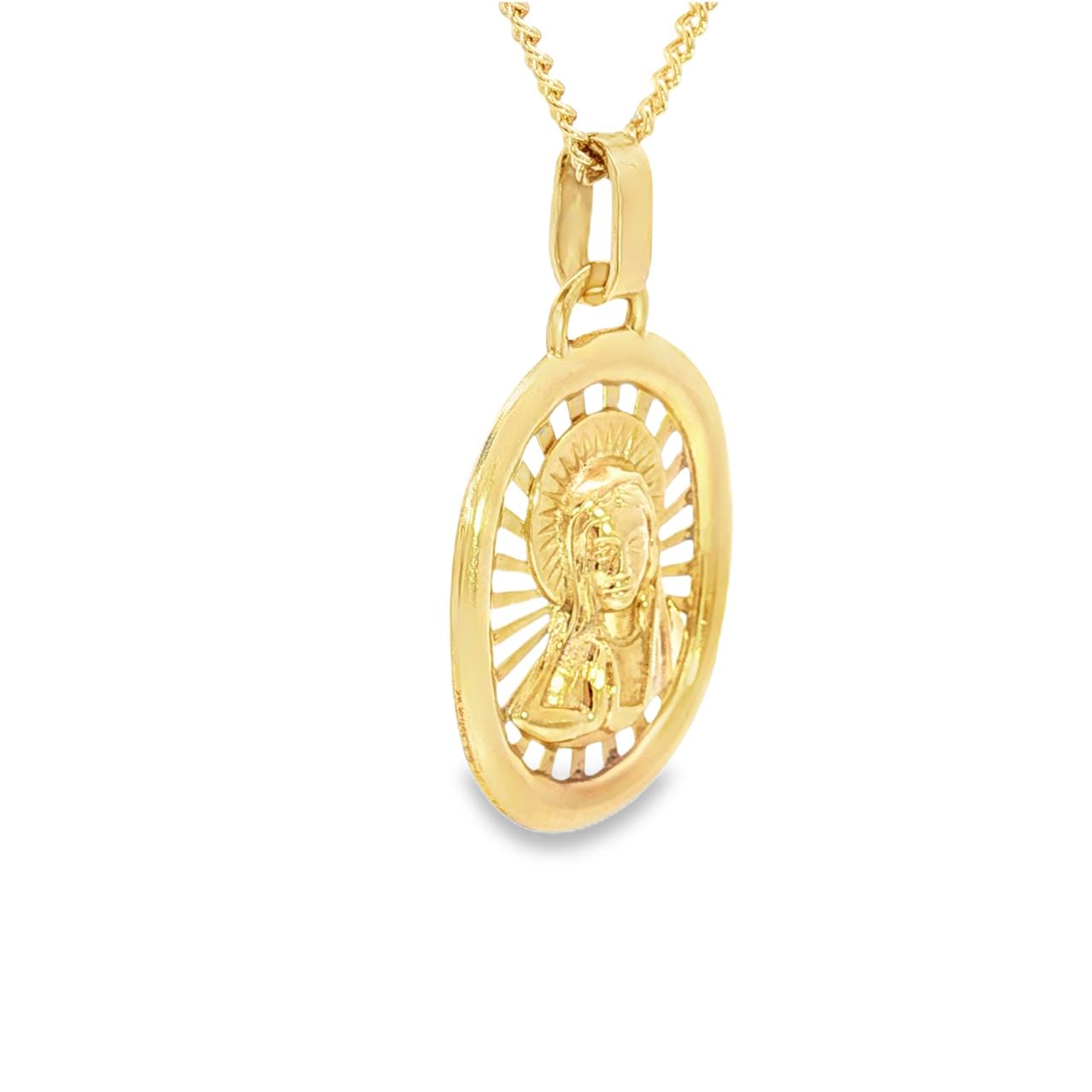9ct yellow gold oval Madonna pendant with shining light border detailing.