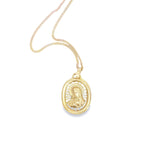 9ct yellow gold oval Madonna pendant with shining light border detailing.