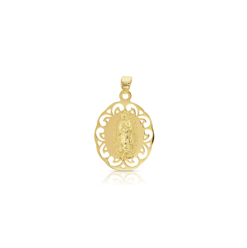 9ct yellow gold Madonna medallion pendant with decorative cut-out edge.