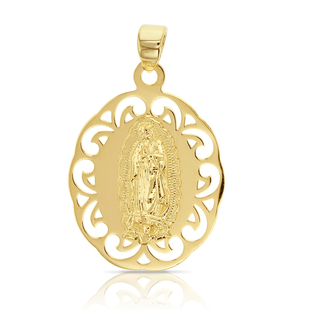 9ct yellow gold Madonna medallion pendant with decorative cut-out edge.
