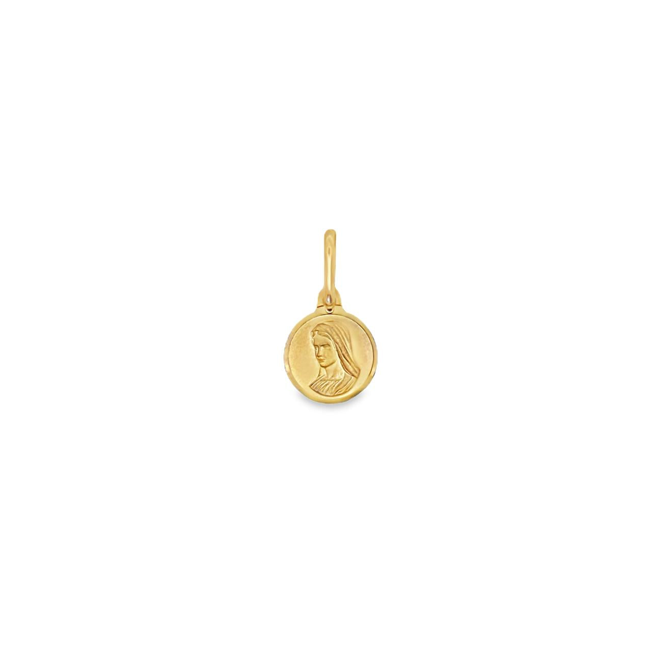 9ct yellow gold circular Madonna medallion pendant with articulated oval bale.