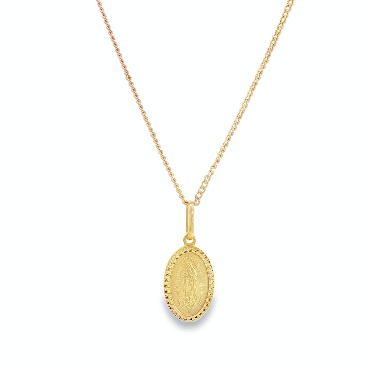 9ct yellow gold oval Mary Miraculous medal with patterned edge and articulated bale.