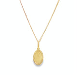 9ct yellow gold oval Mary Miraculous medal with patterned edge and articulated bale.