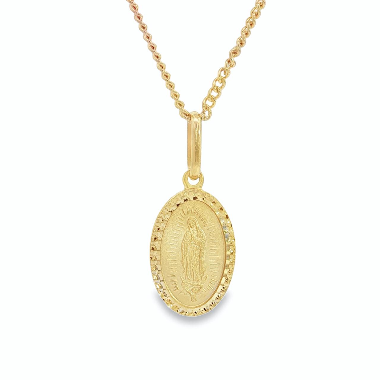 9ct yellow gold oval Mary Miraculous medal with patterned edge and articulated bale.