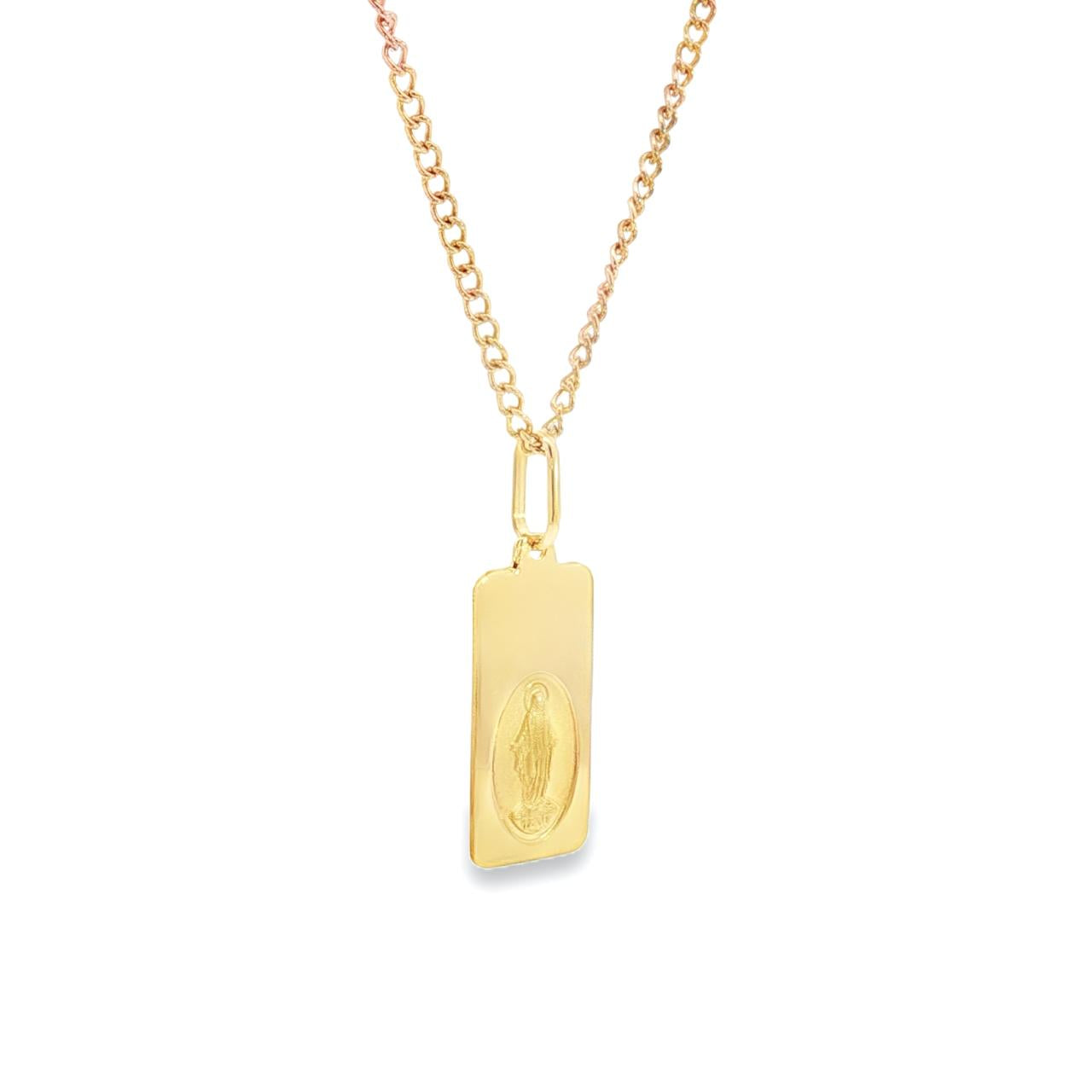 9ct yellow gold Miraculous Mary rounded rectangular tablet medallion with oval engraving.
