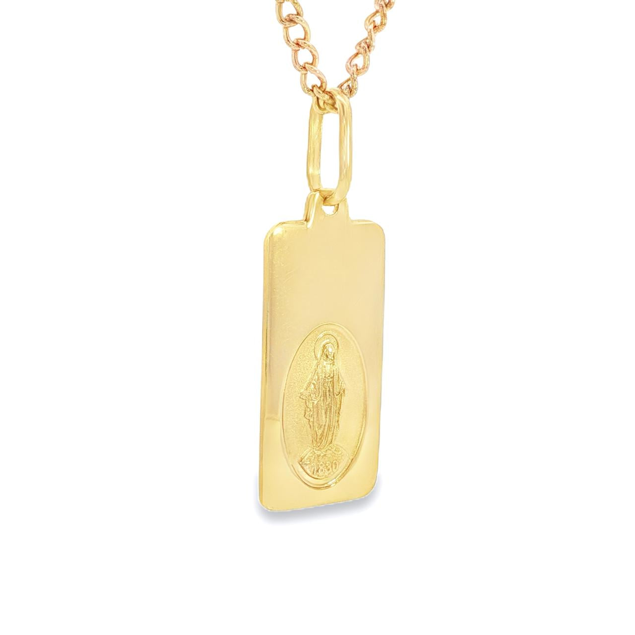 9ct yellow gold Miraculous Mary rounded rectangular tablet medallion with oval engraving.