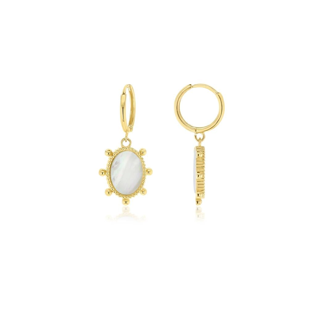 9ct yellow gold huggie earrings with oval mother of pearl drops and beaded surround.