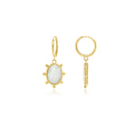 9ct yellow gold huggie earrings with oval mother of pearl drops and beaded surround.