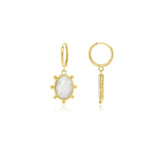 9ct yellow gold huggie earrings with oval mother of pearl drops and beaded surround.