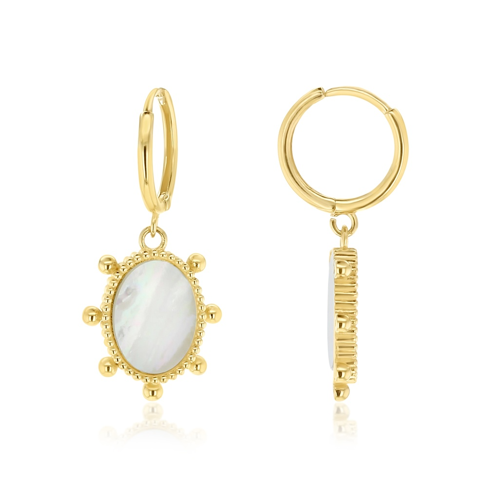 9ct yellow gold huggie earrings with oval mother of pearl drops and beaded surround.