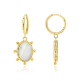 9ct yellow gold huggie earrings with oval mother of pearl drops and beaded surround.