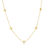 9ct yellow gold necklet with five mini mother of pearl clover motifs spaced along the chain.
