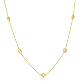 9ct yellow gold necklet with five mini mother of pearl clover motifs spaced along the chain.