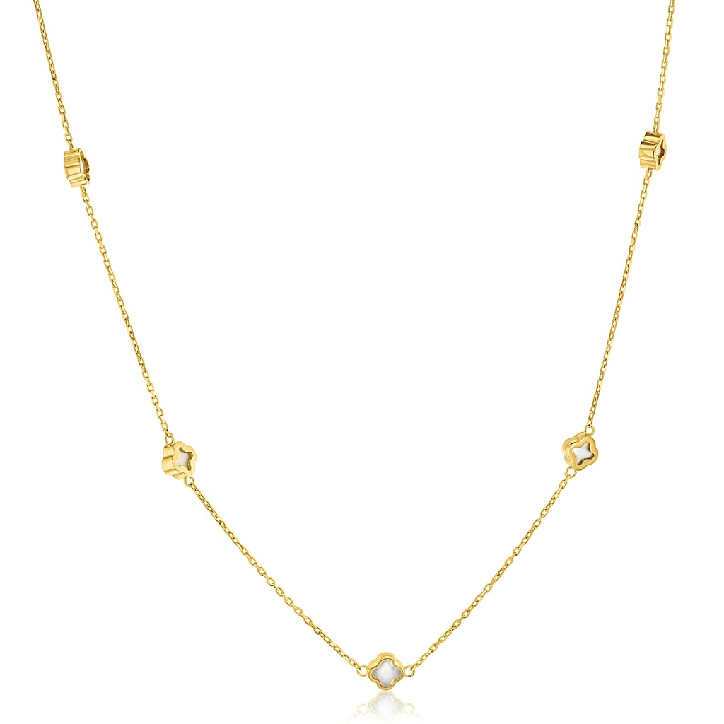 9ct yellow gold necklet with five mini mother of pearl clover motifs spaced along the chain.