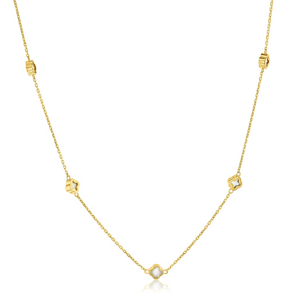 9ct yellow gold necklet with five mini mother of pearl clover motifs spaced along the chain.