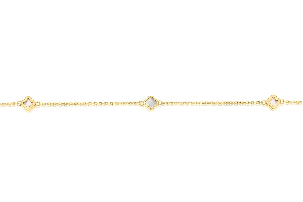 9ct yellow gold necklet with five mini mother of pearl clover motifs spaced along the chain.