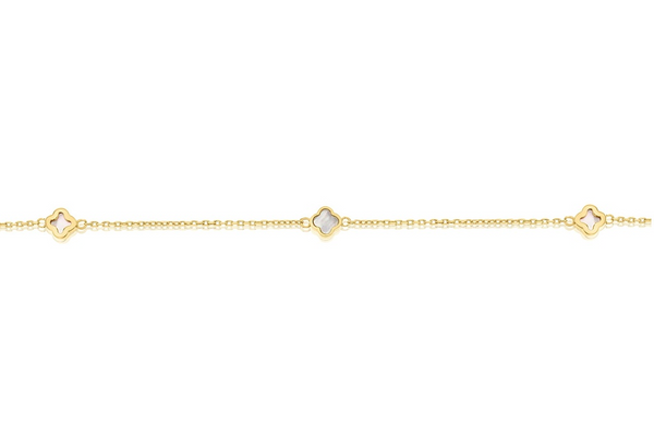 9ct yellow gold necklet with five mini mother of pearl clover motifs spaced along the chain.